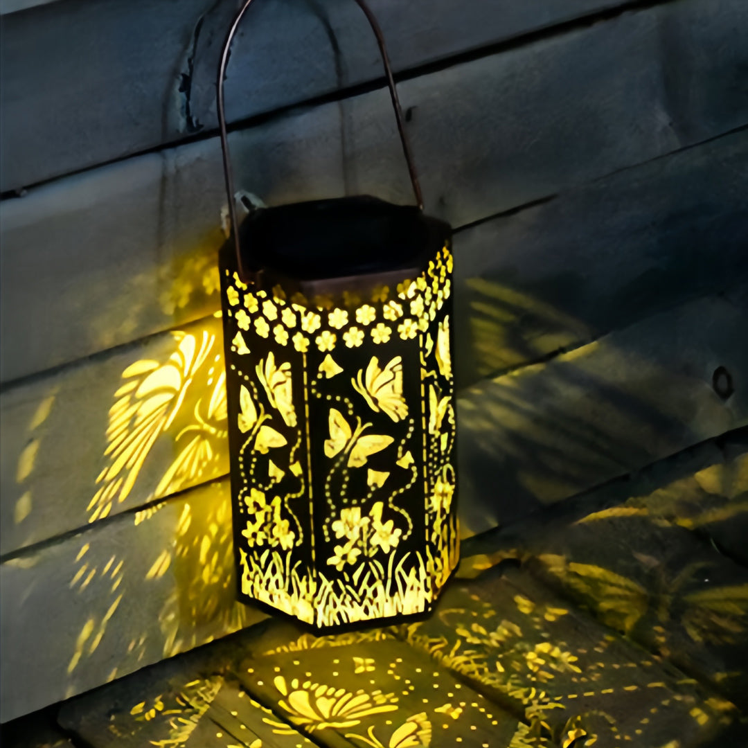 Hollow-Out Hexagonal Solar Outdoor Lantern — Copper-Red Wrought Iron, 0.5W Warm LED, IP44, 600mAh, Nature Motifs