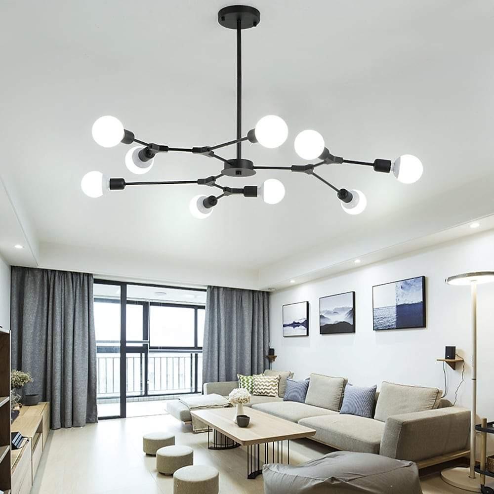 9-Light Sputnik Branch Chandelier — Metal, Black or Gold, 39" Diameter, 60W per Bulb