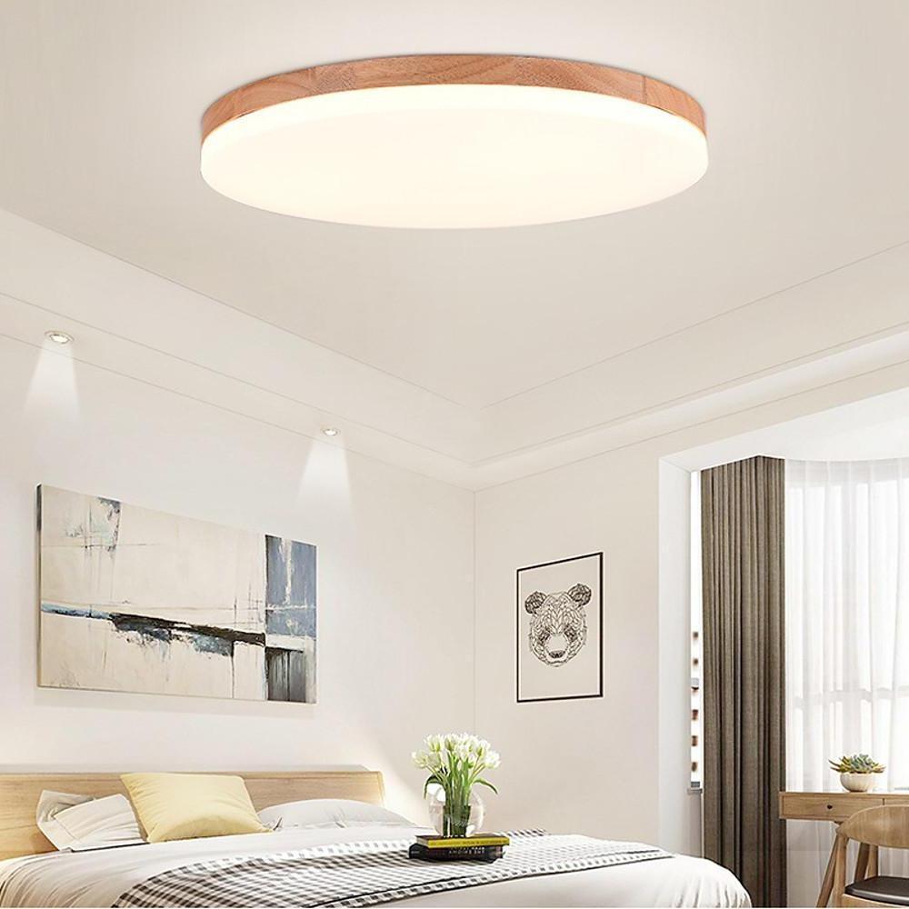 Circular Minimalist Flush-Mount Ceiling Light — Wood and Acrylic, LED, 3000K/6000K, Dimmable with Remote, 10"–19"