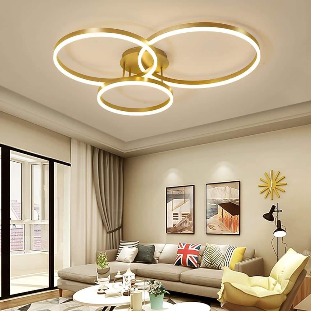 Modern Gold Circular Ring Flush-Mount Ceiling Light — Metal and Acrylic, Integrated LED, Three-Color Dimming, 35" × 28"