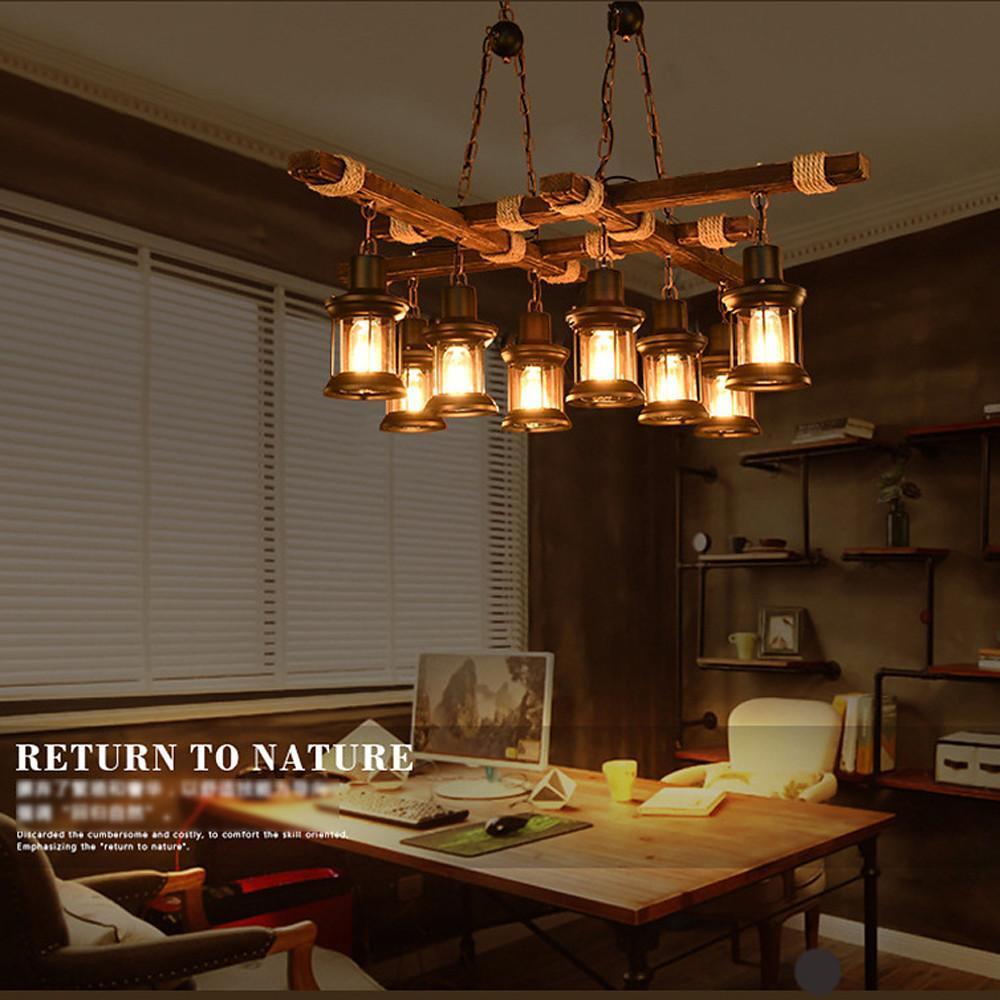 Vintage Farmhouse Geometric Chandelier — Wood and Glass, 39" Adjustable Cord, LED-Compatible