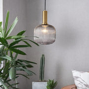 71" Ribbed Blown Glass Mini Pendant — Antique Metal, LED, 40W, 8" Diameter, 59" Cord, Amber / Green / Gray