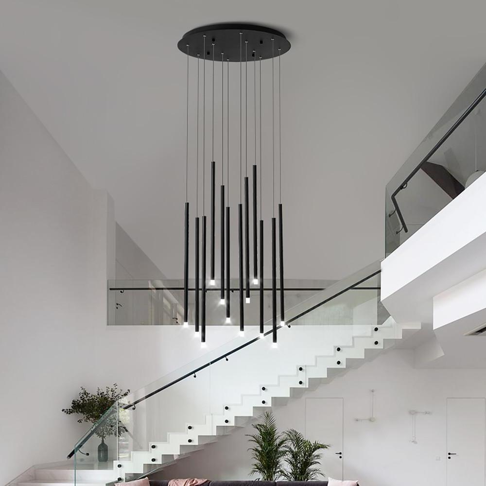 Linear Cluster Cylindrical Pendant Chandelier — Metal & PVC, LED, 24" Diameter, Adjustable Cord