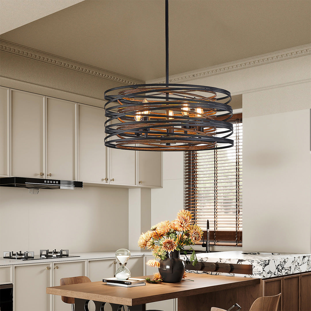 Round Drum Pendant Light — Black Iron, Walnut Wood Texture, Iron Cage, E12, 12.6" / 19.7" / 23.6"