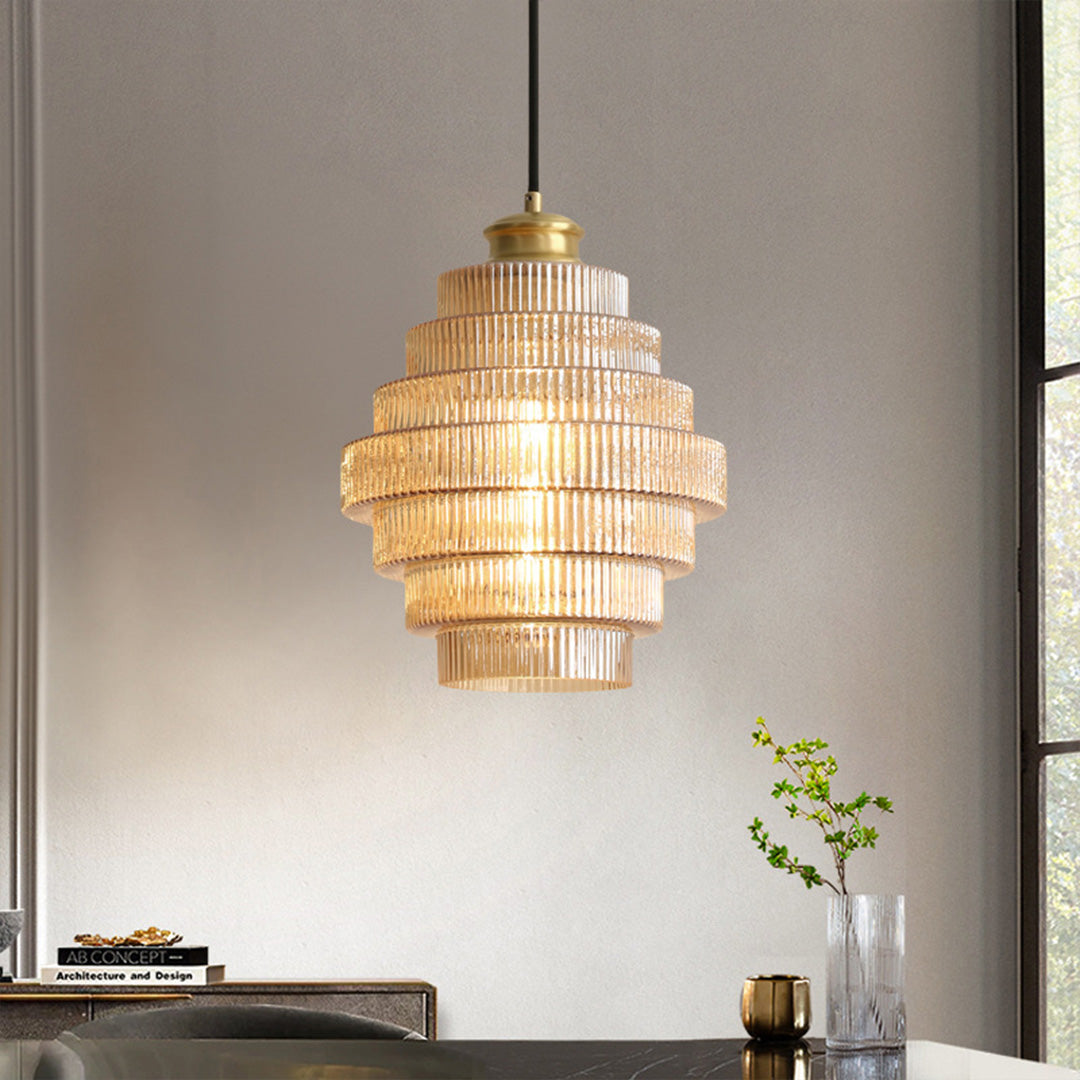 Mid-Century Honeycomb Mini Pendant — Cognac Iron and Clear Glass, E27, 1-Light, Adjustable Height