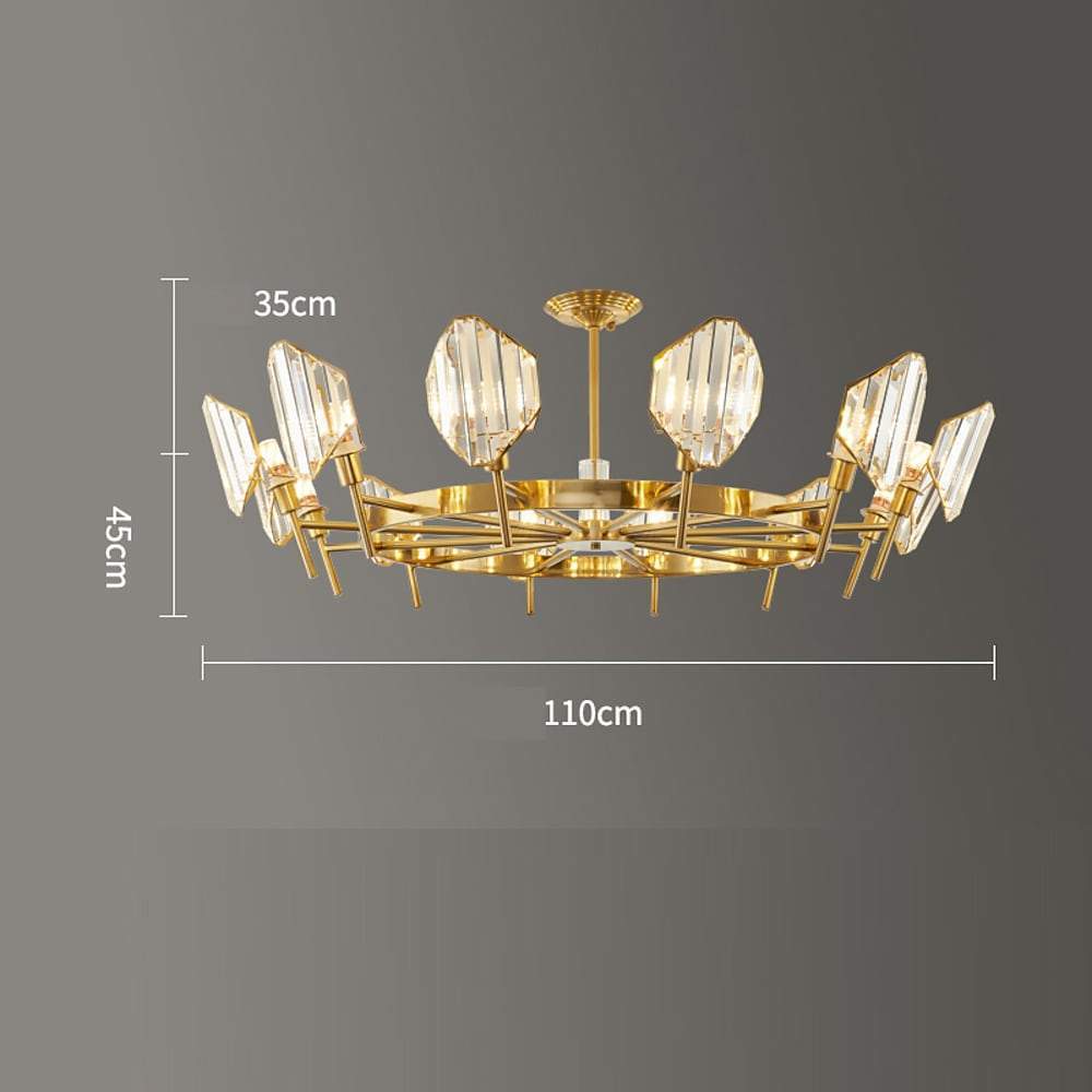Brass Ring Frame Crystal Chandelier — Gold Electroplated, Metal Arc Branches, 5- to 12-Light