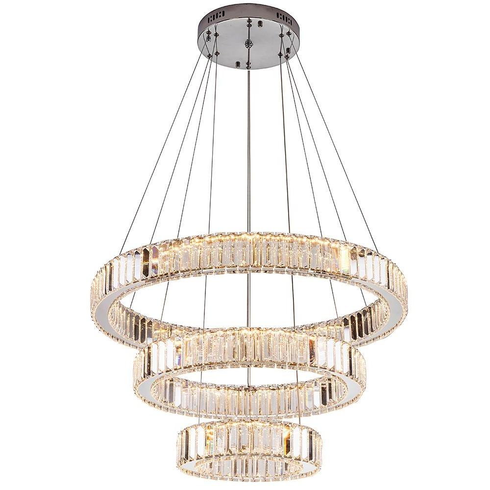 3-Tier Ring Chandelier — Polished Chrome and Crystal, LED, 28" Diameter, Adjustable Height