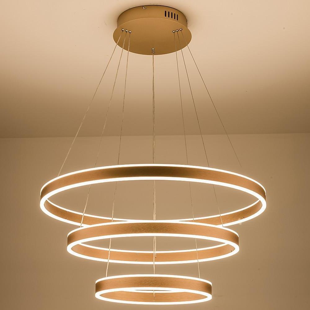 Triple-Ring Chandelier — Aluminum, Gold Finish, LED 142W, 3000K–6000K, 59" Adjustable Chain