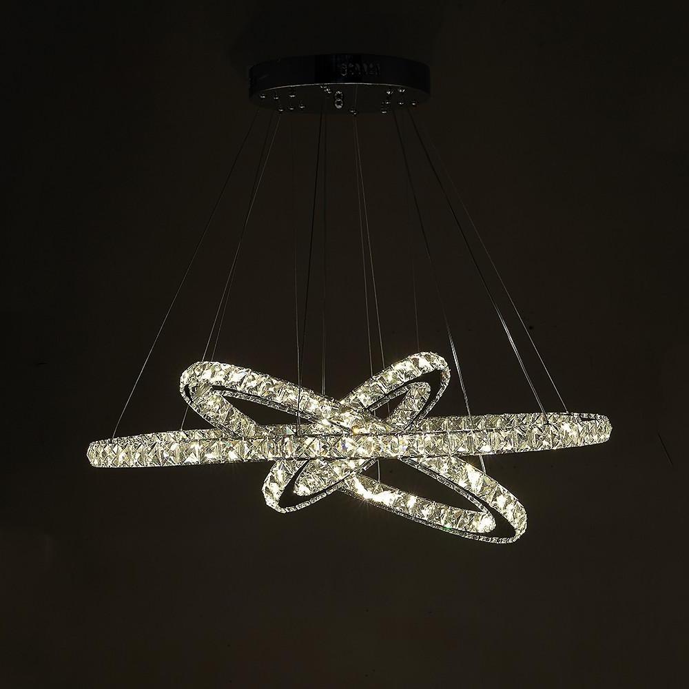 Interwoven Geometric Ring Crystal Chandelier — Chrome, Dimmable LED, 3000K/6000K, Remote Control, 28"