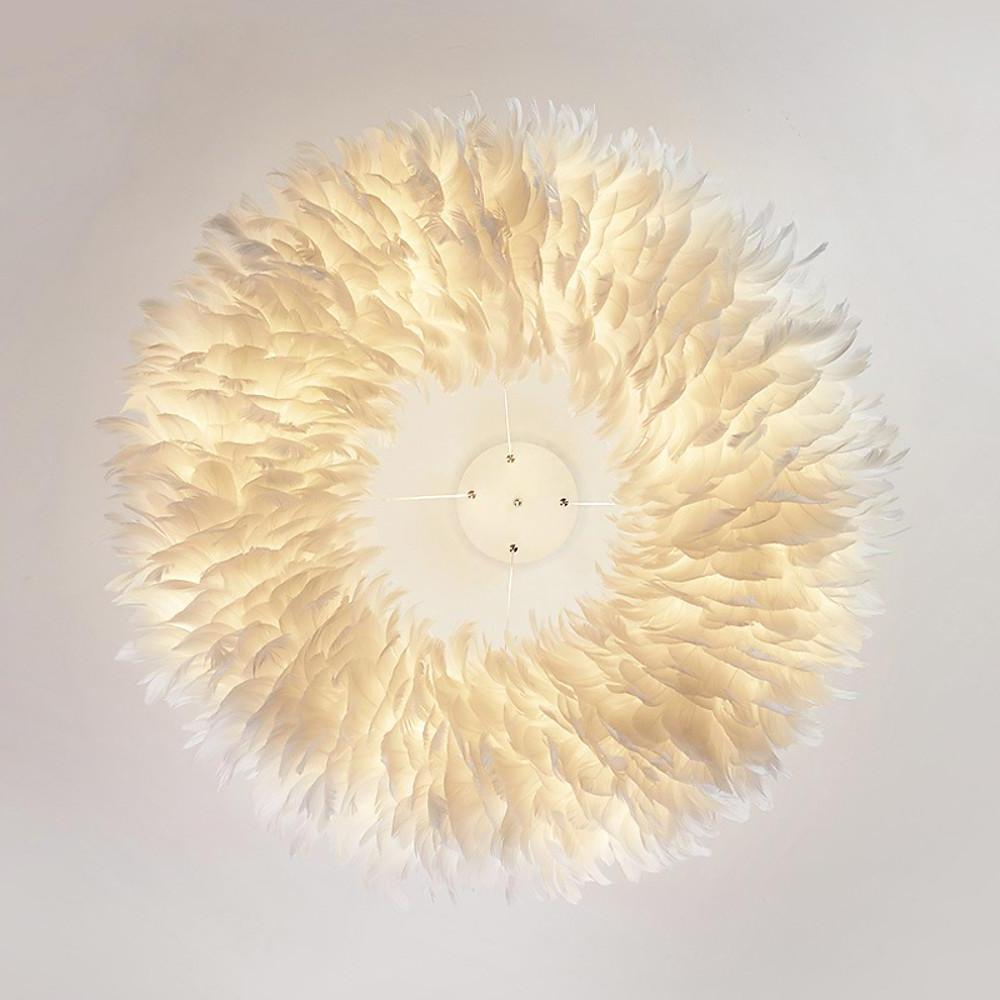 Round Feather Flush-Mount Chandelier — Metal, E27 LED, 3-Step Dimming, 6-Light or 8-Light, 20"–28"