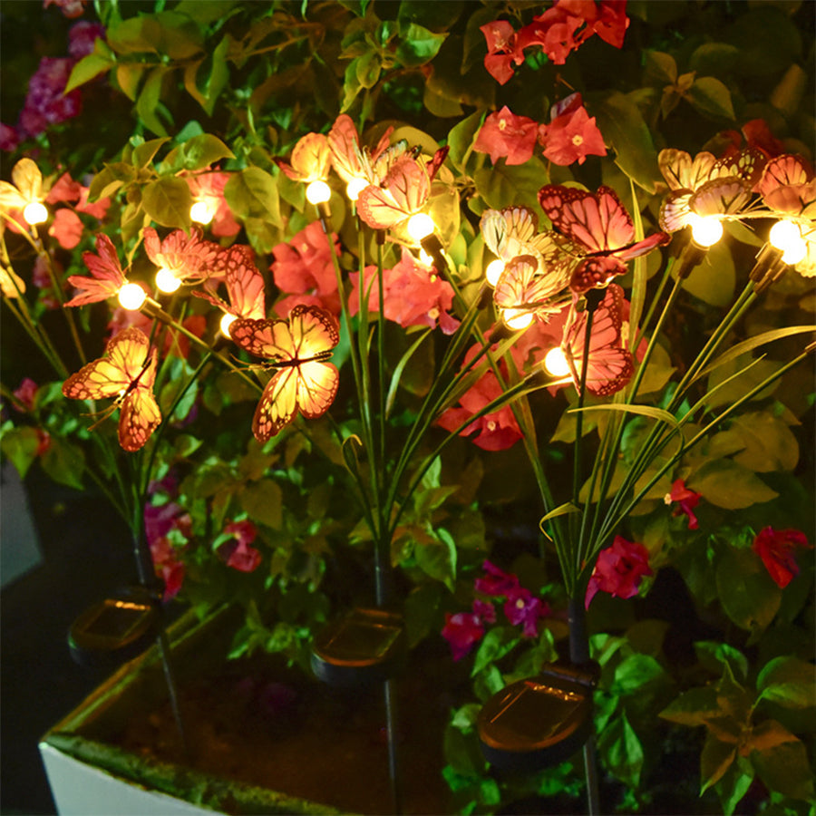 Six-Head Butterfly Solar Garden Stake Light — Fabric Butterflies, LED Warm White, Dusk-to-Dawn, IP65 Weatherproof