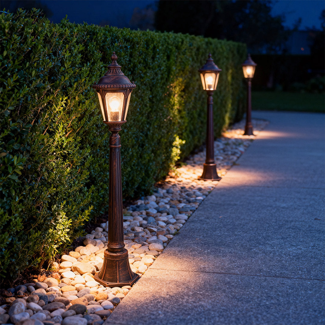 Geometric Outdoor Post Light — Sand-Black Aluminum, Clear Glass, 9W E26, IP44, 43"H