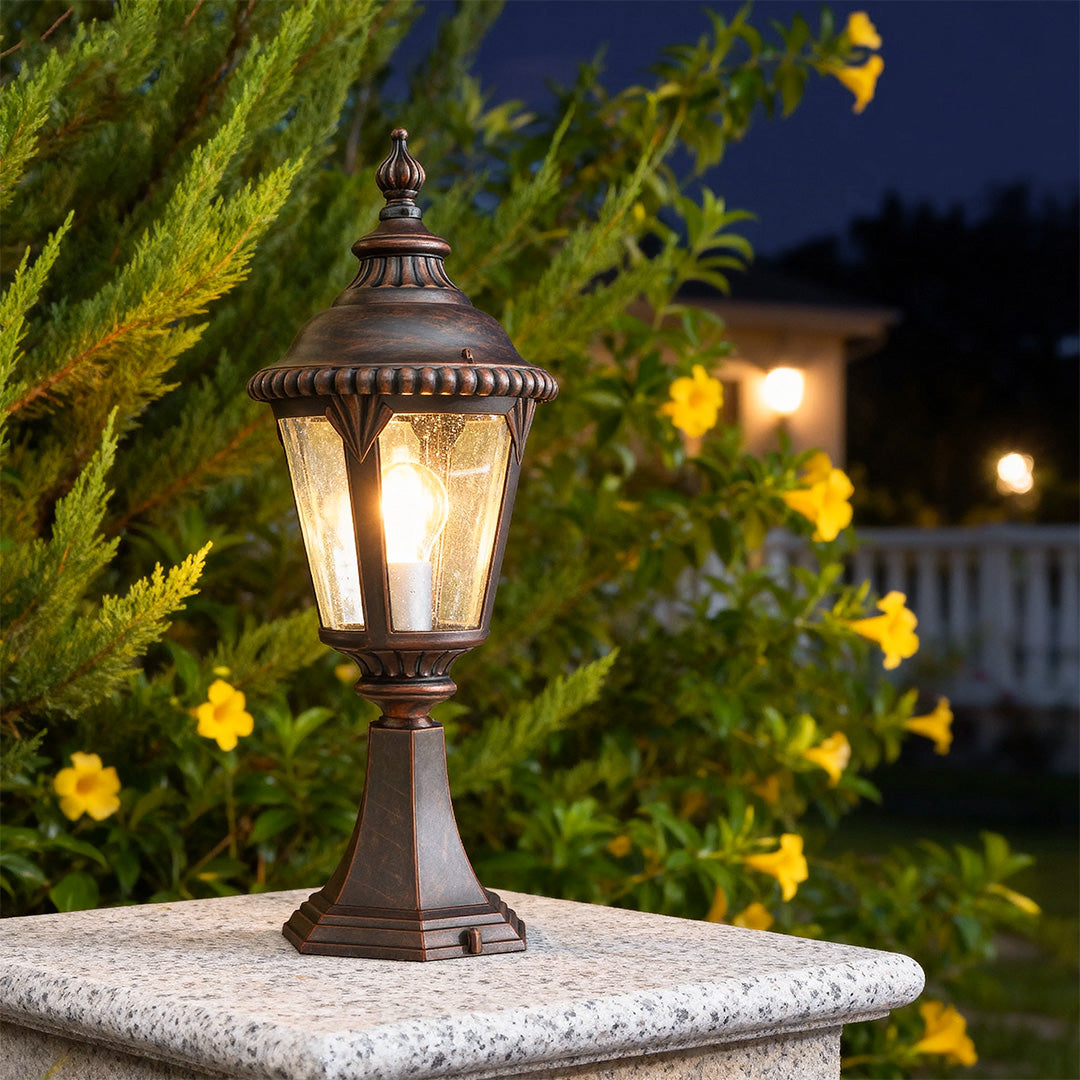 Vintage Outdoor Pillar Light — Sand-Black Aluminum and Glass, 9W E27, IP44 Weatherproof