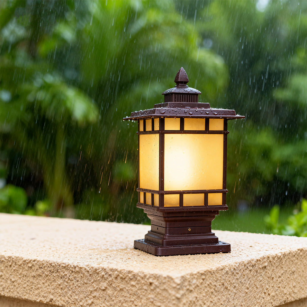Vintage Outdoor Pillar Light — Coffee Aluminum and Glass, 9W LED E26, IP44, 14.4" Height