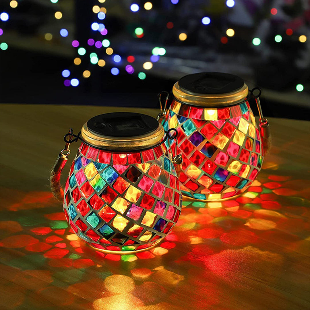 Stained Glass Mosaic Solar Lantern — Handcrafted, LED, IP65 Weatherproof, Dusk-to-Dawn, Hanging or Tabletop