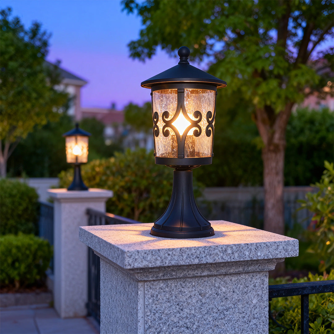 Classic Outdoor Pillar Light — Sand-Black Cast Aluminum and Glass, 9W E26, IP44, 3000K