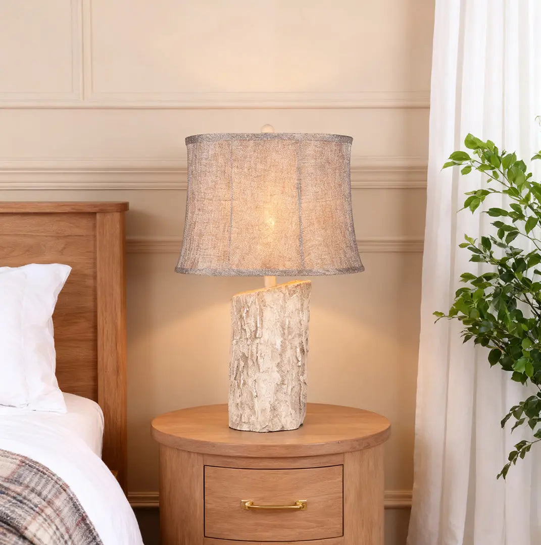 Ambient Lamp with White Wood Base and Realistic Bark Fabric Shade Luxe