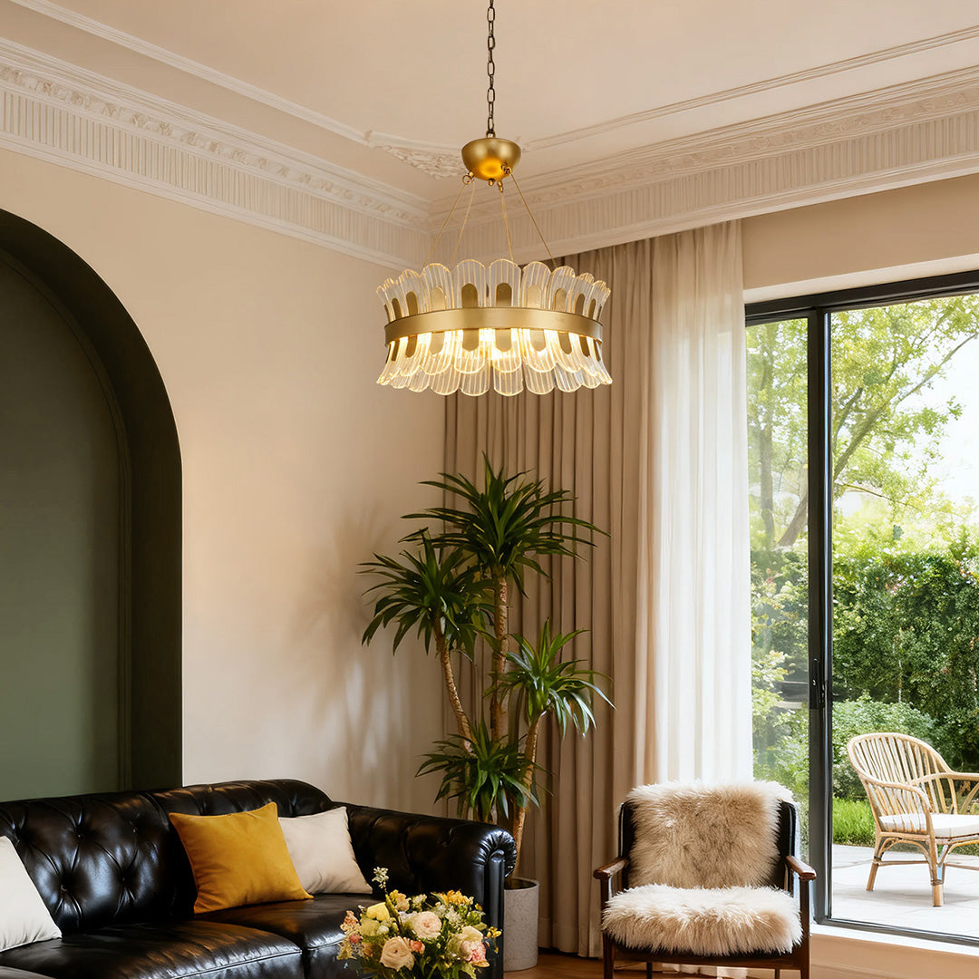 Round LED Chandelier — Gold-Plated Metal, Acrylic & Glass Shade, 25W 3000K, 23.6" Diameter, Adjustable Suspension