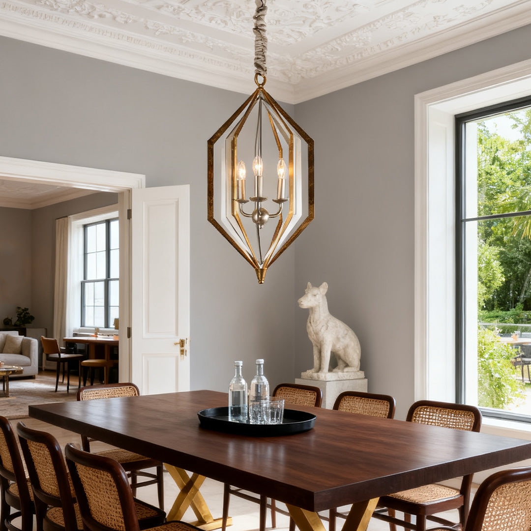 Rustic Open-Frame Pendant Light — Brown Metal, White Acrylic Shade, E12, Adjustable Chain
