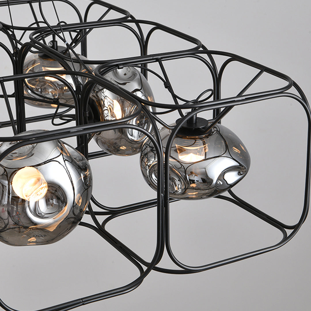 Magic Cube Caged Geometric Pendant — Black Iron, Smoked Glass, LED, 7W–28W, 1- to 4-Light