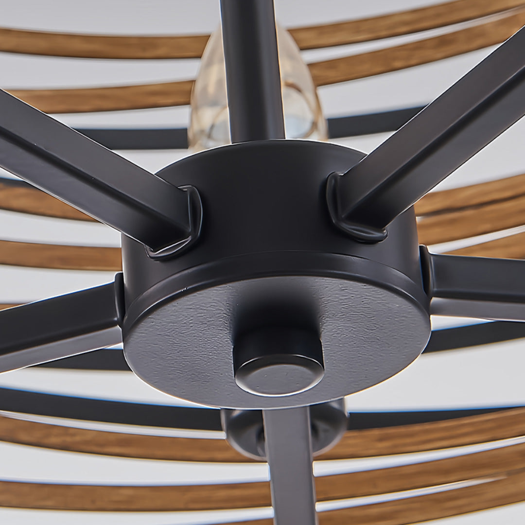 Round Drum Pendant Light — Black Iron, Walnut Wood Texture, Iron Cage, E12, 12.6" / 19.7" / 23.6"