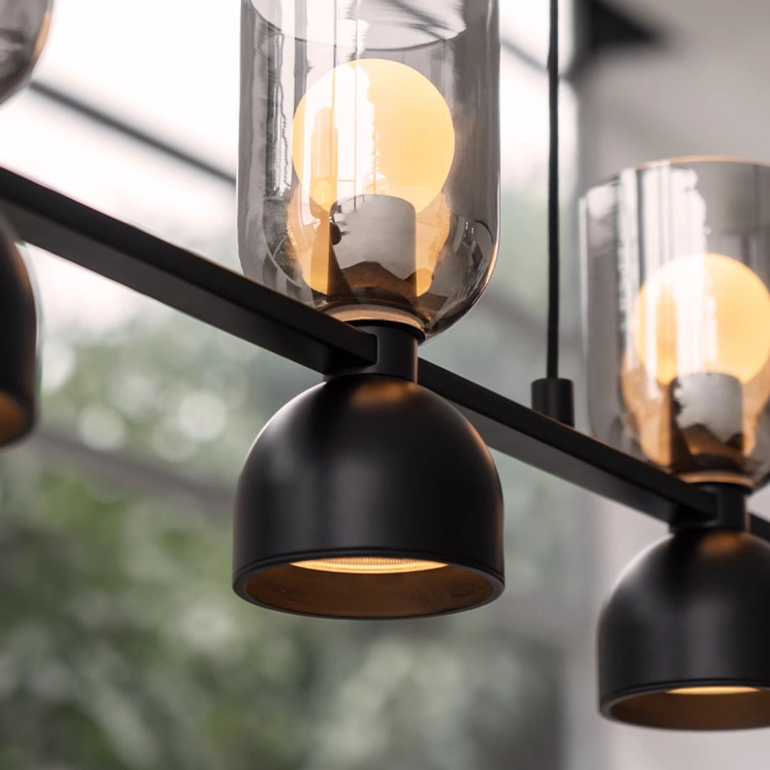 Adjustable Industrial Glass Pendant Chandelier — Matte Black Aluminum-Iron, 4- or 6-Light, Dimmable 3000K–6000K, 59.1" Chain