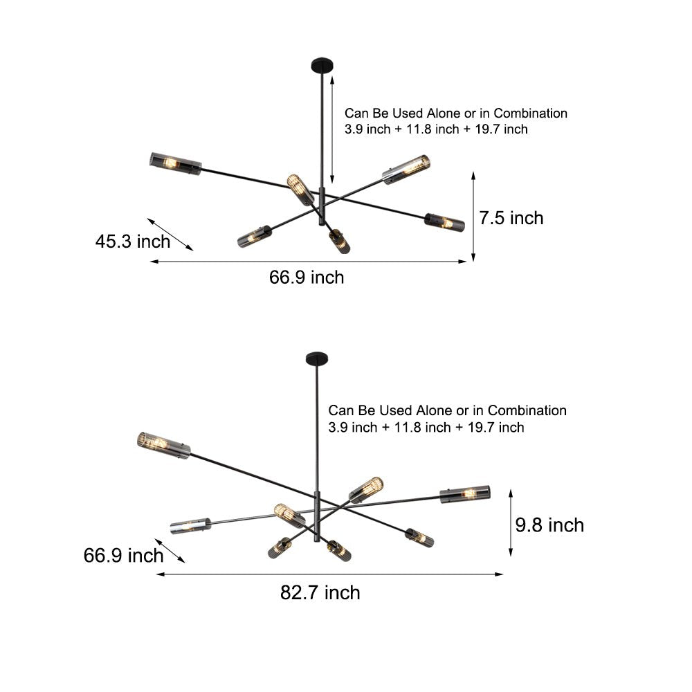 Industrial Sputnik Linear Chandelier — H65 Copper, 6-Light or 8-Light, E14, Adjustable Hanging Length