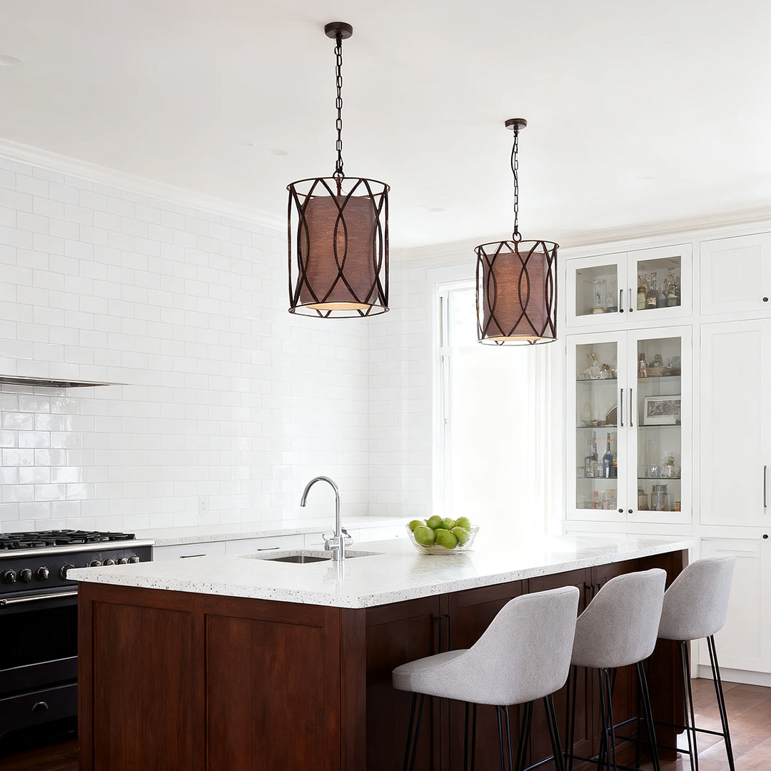 Vintage Industrial Pendant Light — Black Iron, Hand-Woven Linen Shade, 1-Light, E12, 13.8" Diameter