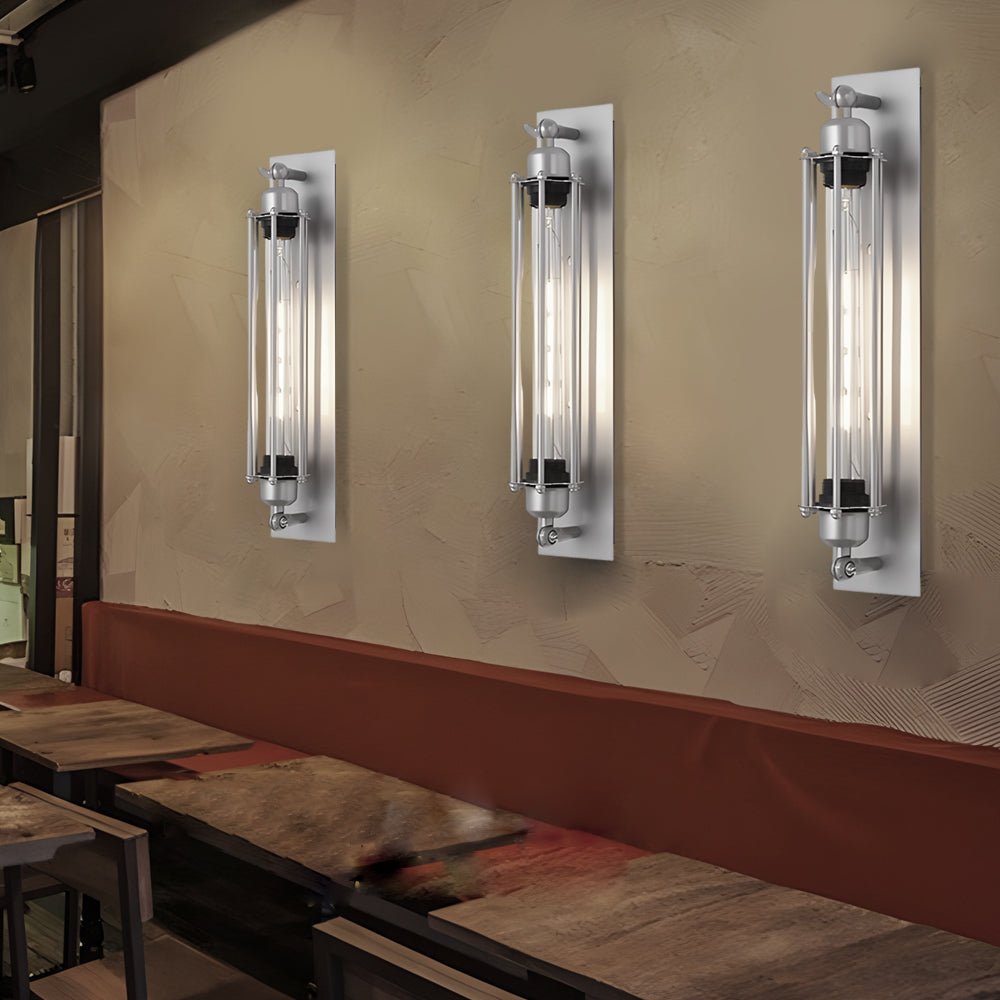 Industrial Vintage Flute Wall Sconce — Chrome Iron, Tube Glass Shade, 1-Light E27, LED 3000K