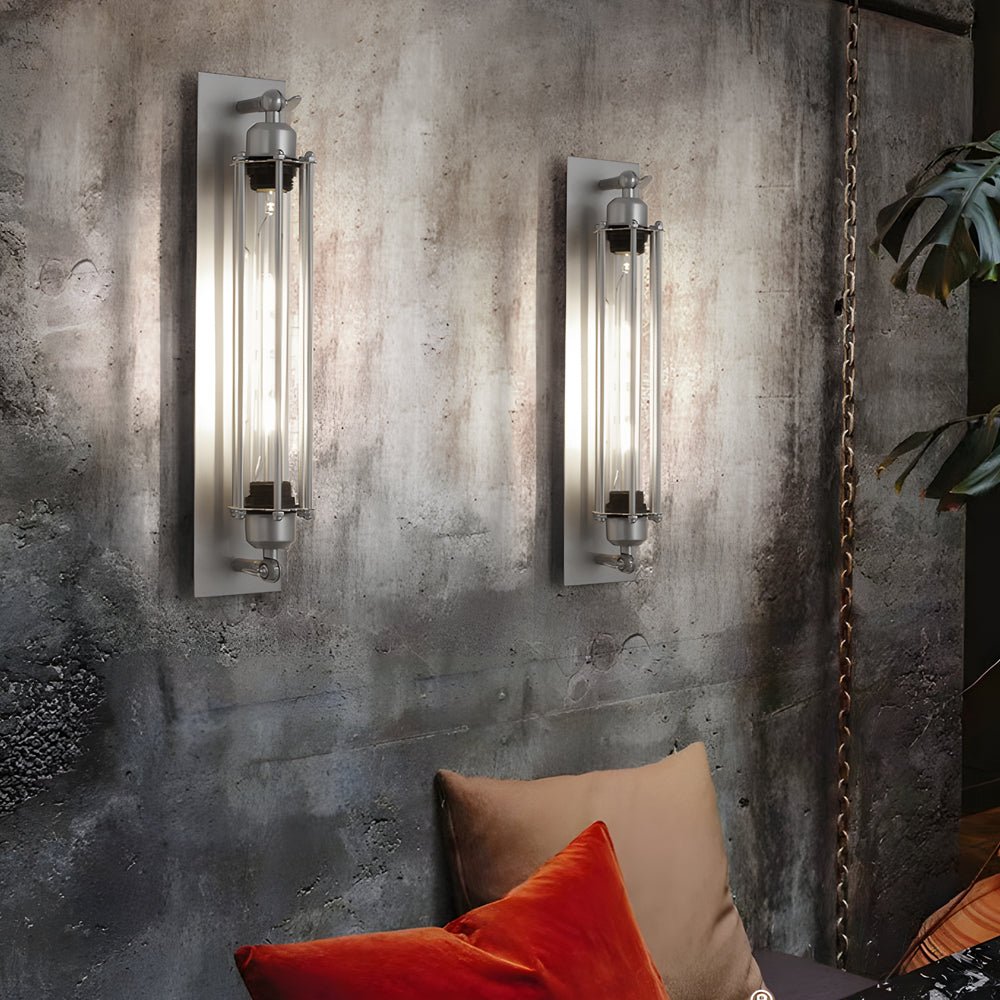 Industrial Vintage Flute Wall Sconce — Chrome Iron, Tube Glass Shade, 1-Light E27, LED 3000K