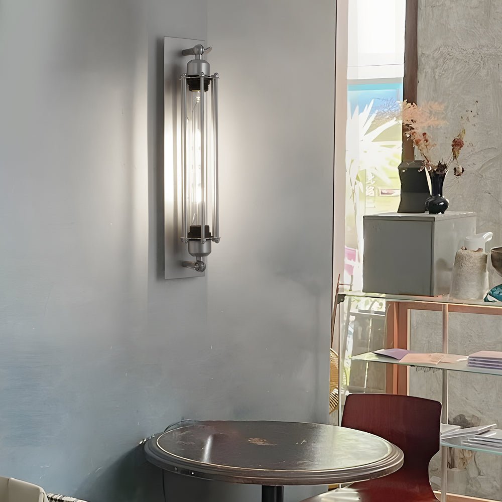 Industrial Vintage Flute Wall Sconce — Chrome Iron, Tube Glass Shade, 1-Light E27, LED 3000K