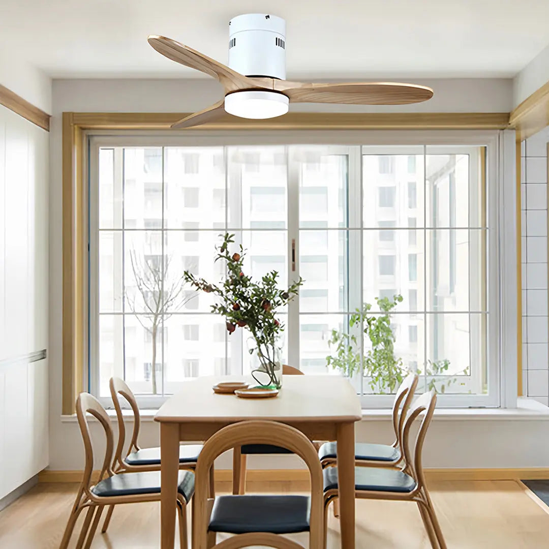 Flush Mount Wooden Ceiling Fan with Light and Quiet DC Motor Fandelier Luxe