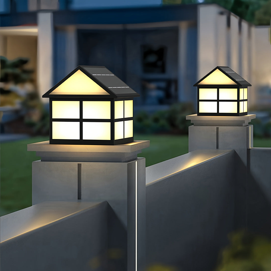 House-Shaped Gate Pillar Top Light — Black Stainless Steel, 5W LED, Solar or Hardwired, IP65, 3 Sizes