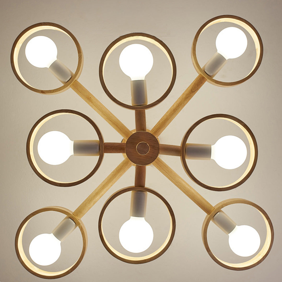 Rubberwood LED Chandelier — E27, Rotatable Shade, 3-Color Dimming, 3-Head / 5-Head / 6-Head / 8-Head