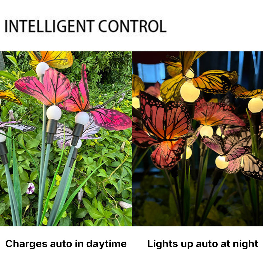Six-Head Butterfly Solar Garden Stake Light — Fabric Butterflies, LED Warm White, Dusk-to-Dawn, IP65 Weatherproof