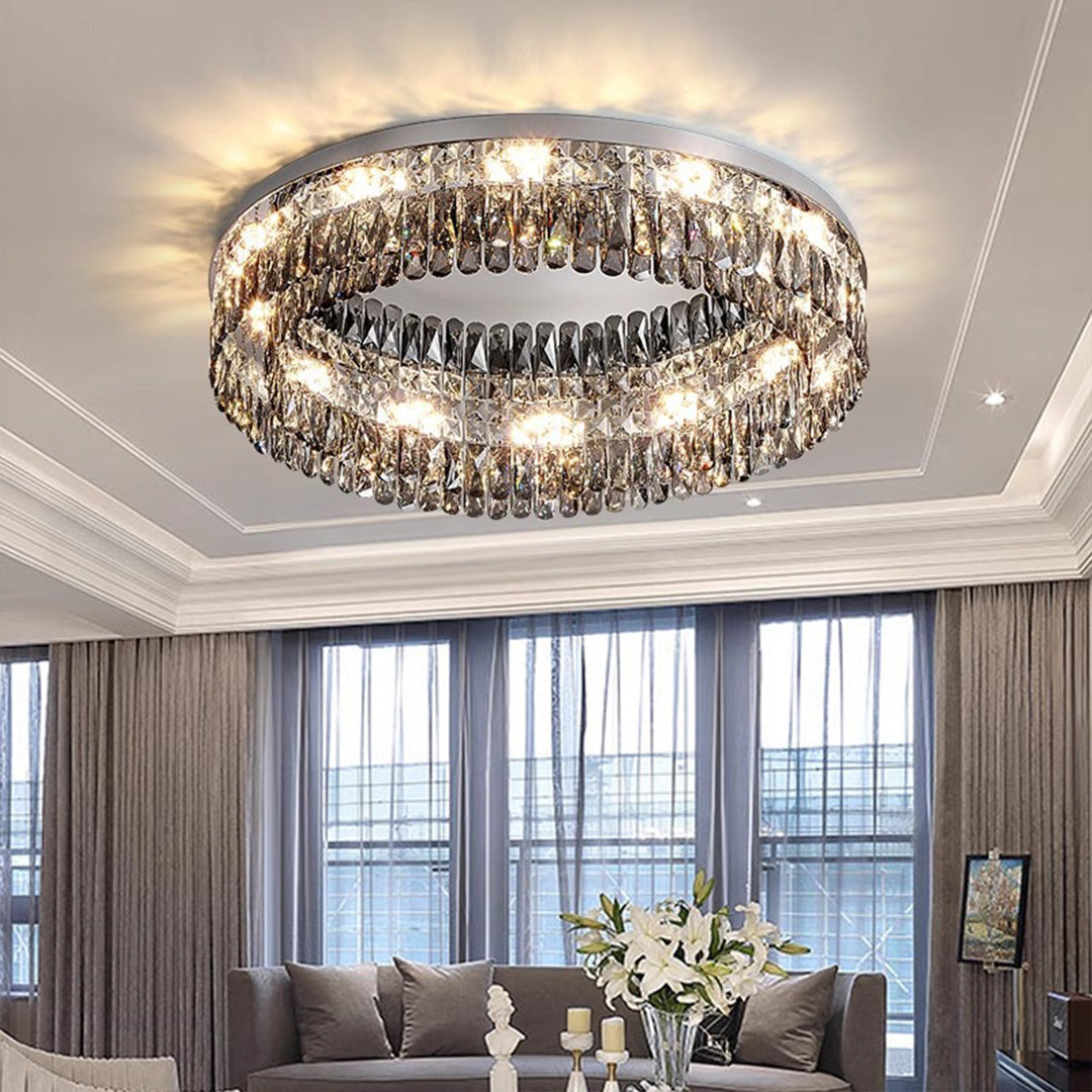 French Crystal Round LED Flush Mount — Polished Stainless Steel, K9 Crystal, 3-Step Dimming, 45cm / 60cm / 80cm