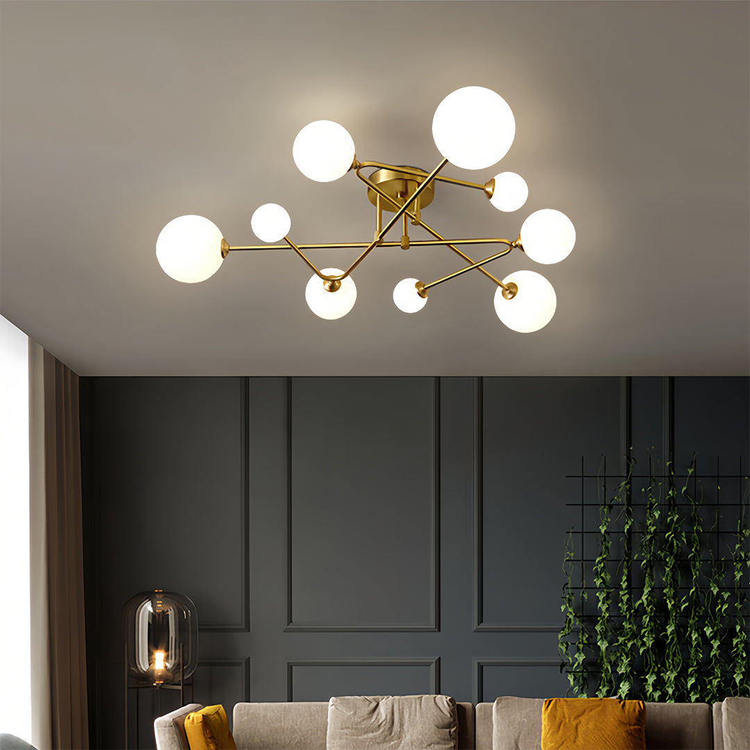 Magic Bean Semi Flush-Mount Ceiling Light — Gold Iron, Hand-Blown Glass, 3-Step Dimming (3000K/4500K/6000K), 4, 6, or 9-Light