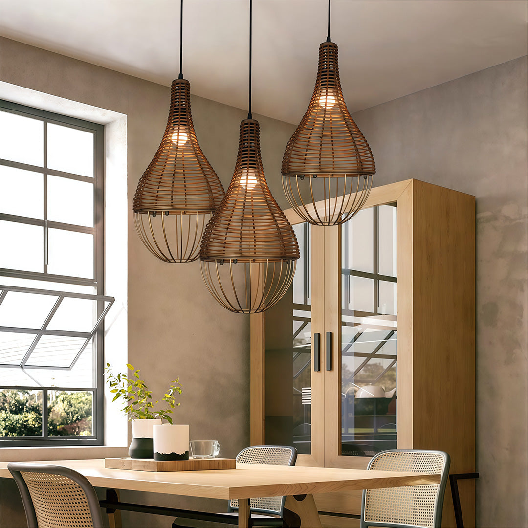 Retro Industrial Rattan Pendant — Brown Iron Frame, Handwoven Shade, 59.1" Adjustable Chain, LED E27, 7W, Warm White