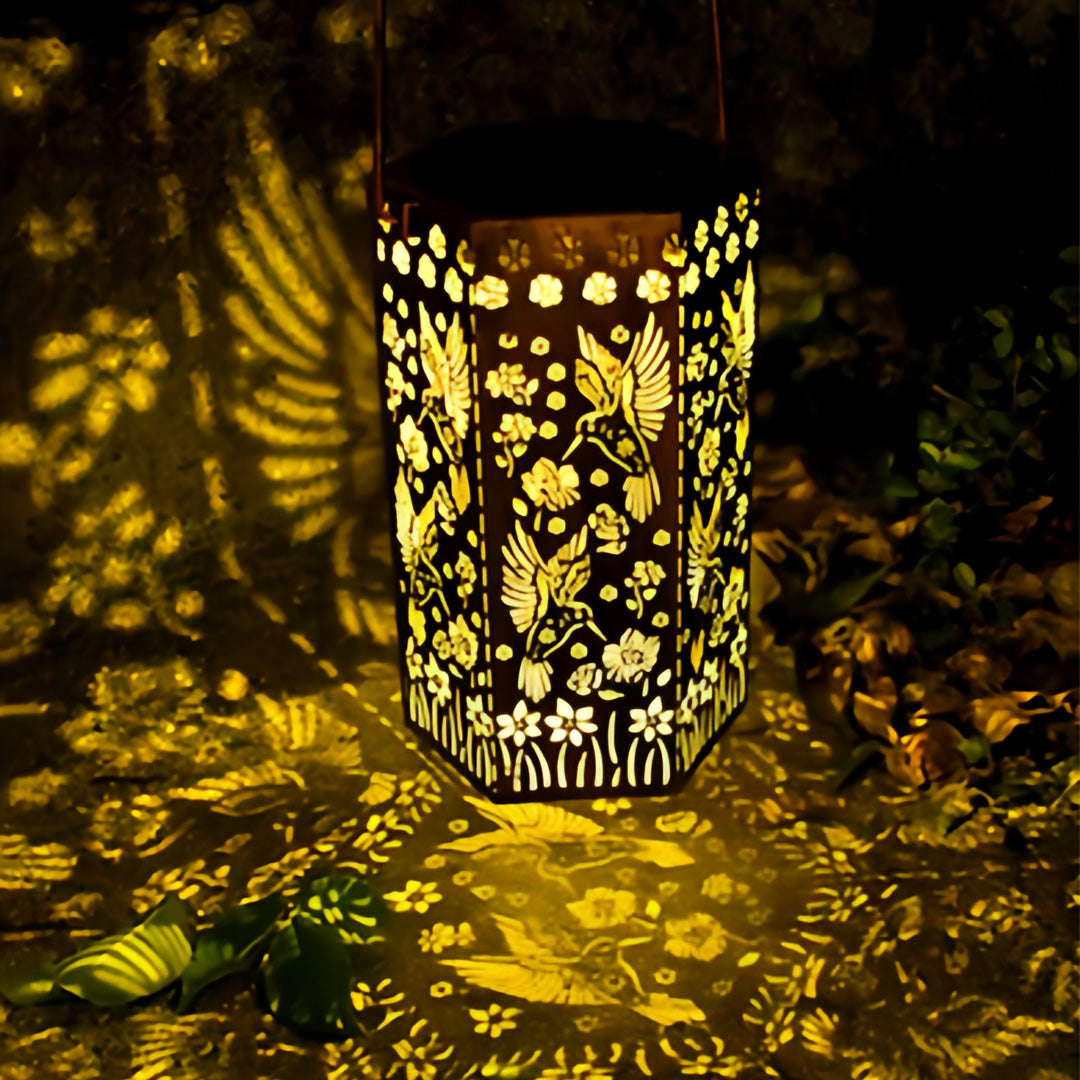 Hollow-Out Hexagonal Solar Outdoor Lantern — Copper-Red Wrought Iron, 0.5W Warm LED, IP44, 600mAh, Nature Motifs