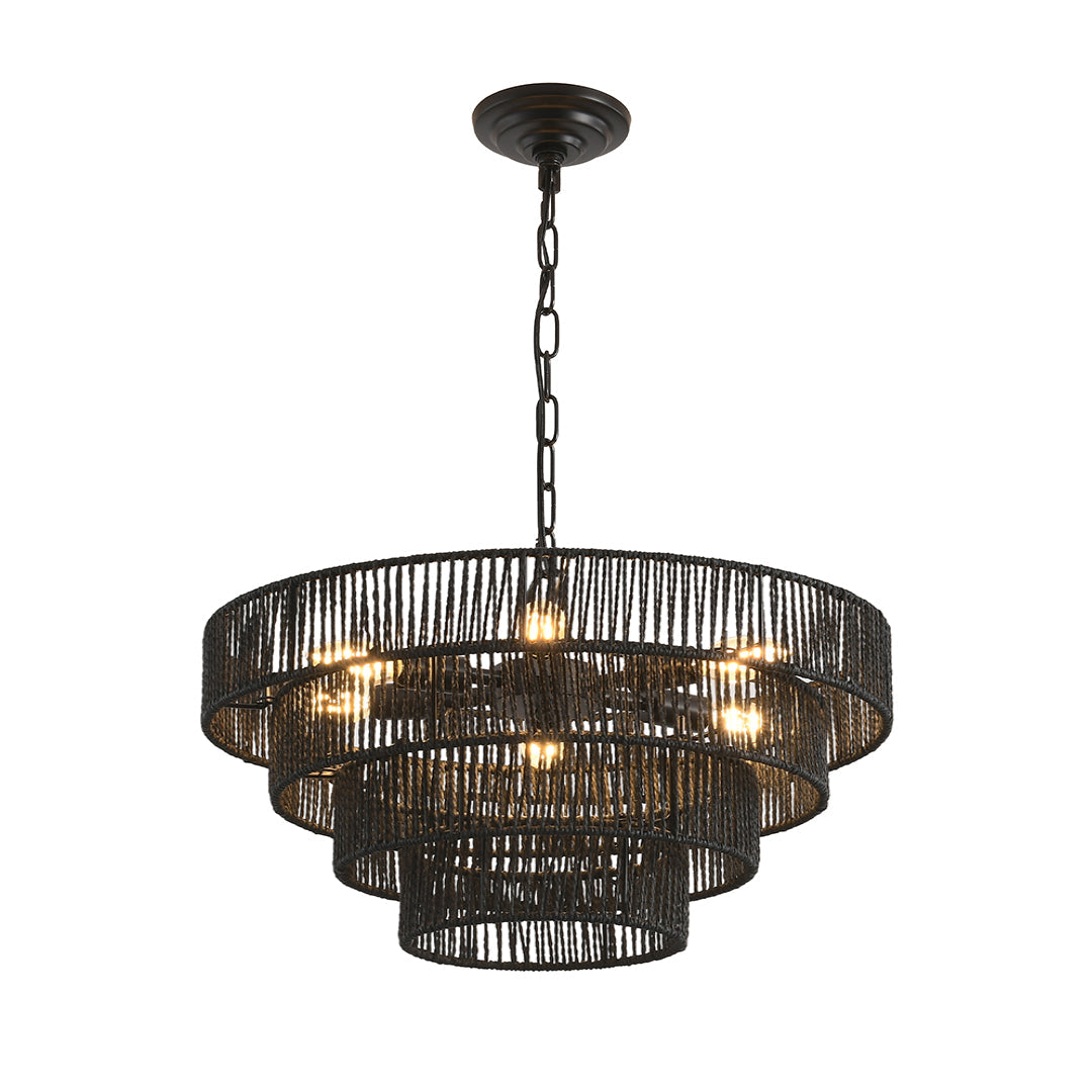 Zen Jute-Rope Chandelier — Iron Frame, Hand-Woven Natural Jute, 6-Light or 8-Light, E12, 59.1" Adjustable Chain