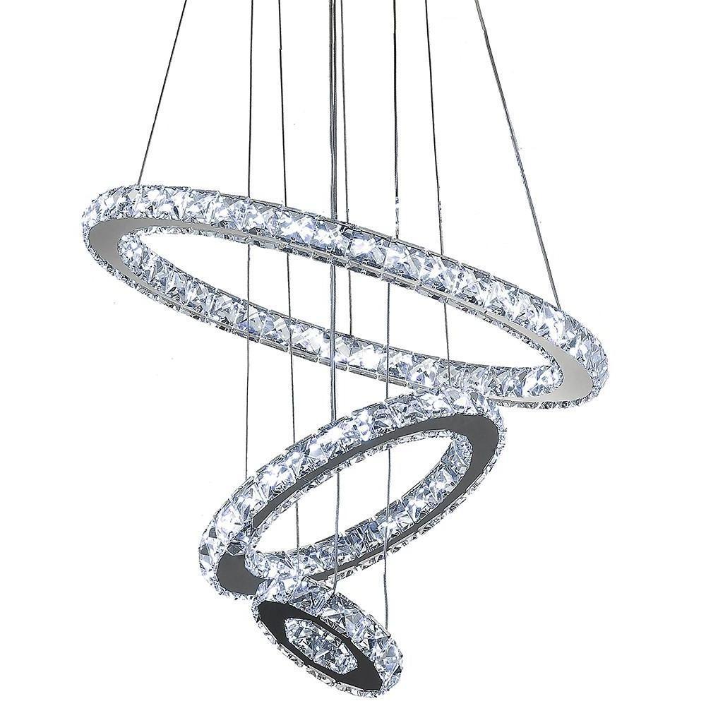 Tiered 3-Ring Crystal Chandelier — Chrome, 40.5W LED, Dimmable, Remote Control, 16" Diameter