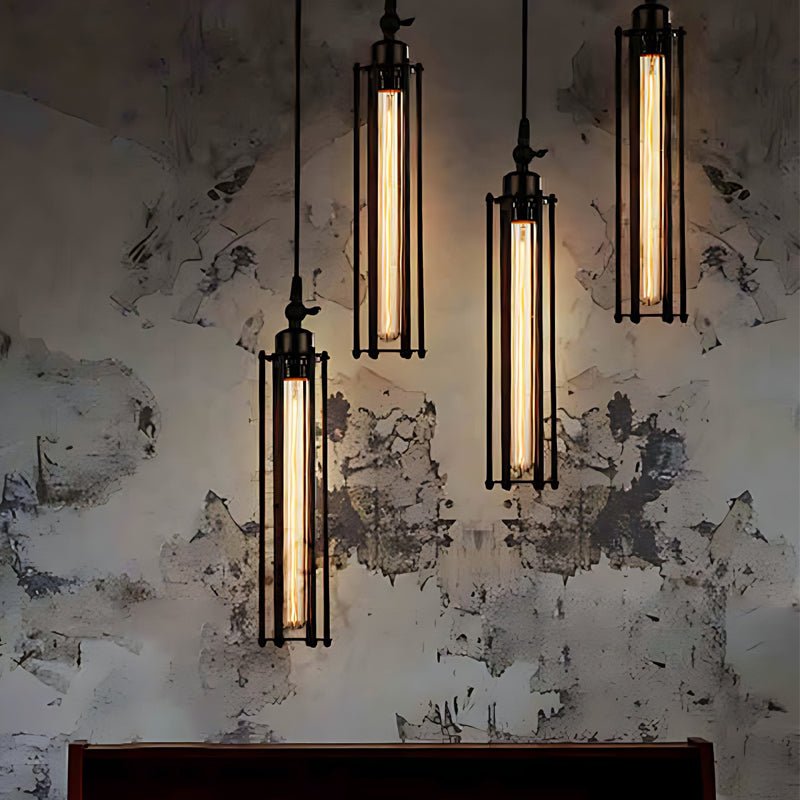 Flute Pendant Light — Black Iron, Retro Industrial, Tungsten Bulb, Vertical or Horizontal Hang