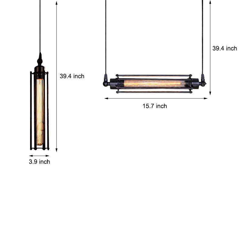 Flute Pendant Light — Black Iron, Retro Industrial, Tungsten Bulb, Vertical or Horizontal Hang