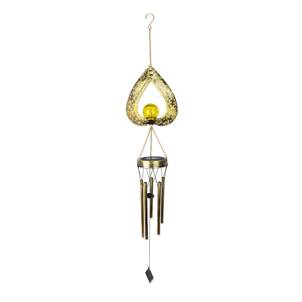 Iron Heart Wind Chime Hanging Solar Light — Crackled Glass, LED, IP65, Warm White 3000K
