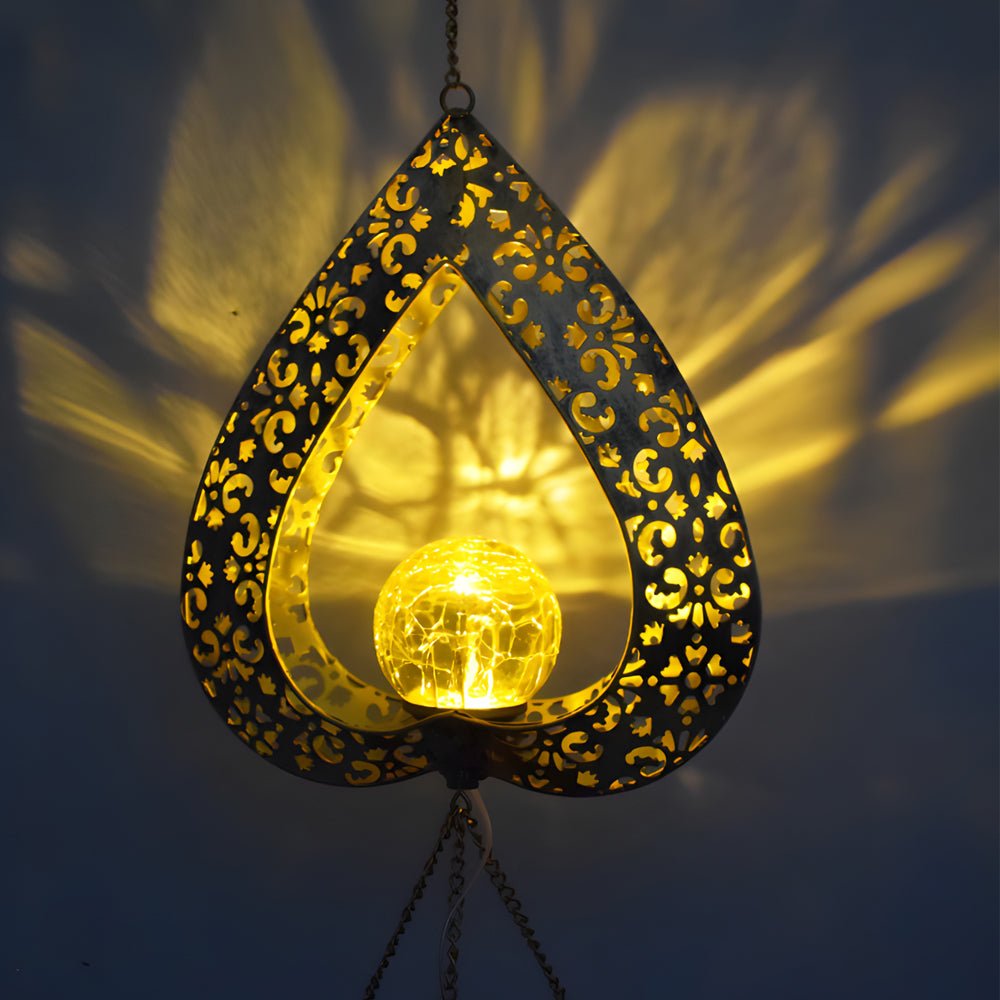 Iron Heart Wind Chime Hanging Solar Light — Crackled Glass, LED, IP65, Warm White 3000K