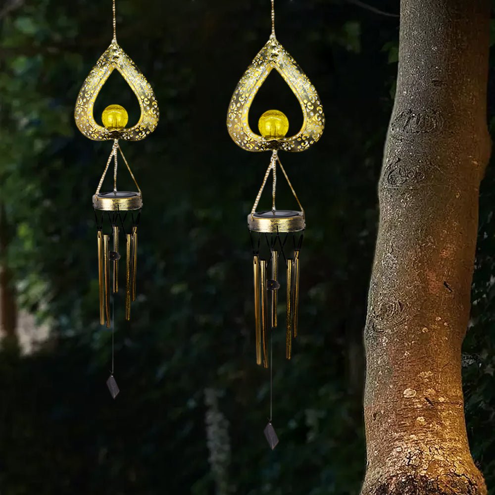 Iron Heart Wind Chime Hanging Solar Light — Crackled Glass, LED, IP65, Warm White 3000K