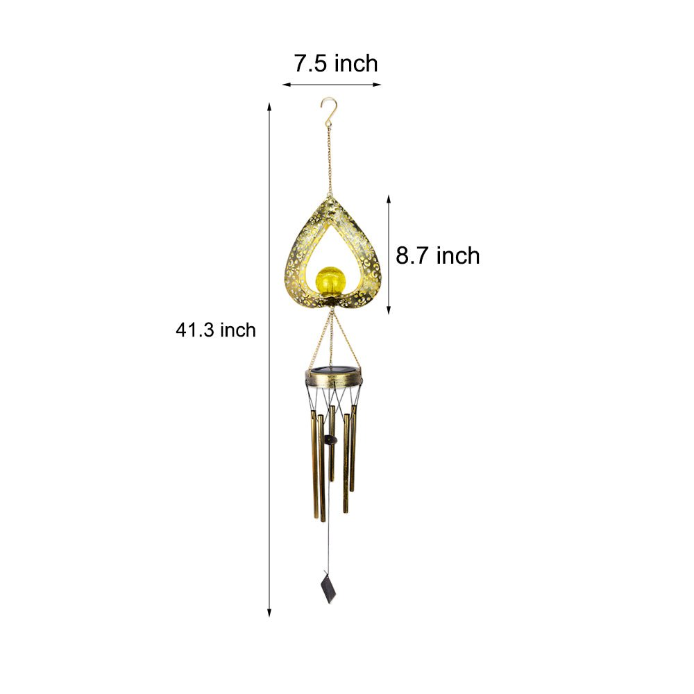 Iron Heart Wind Chime Hanging Solar Light — Crackled Glass, LED, IP65, Warm White 3000K