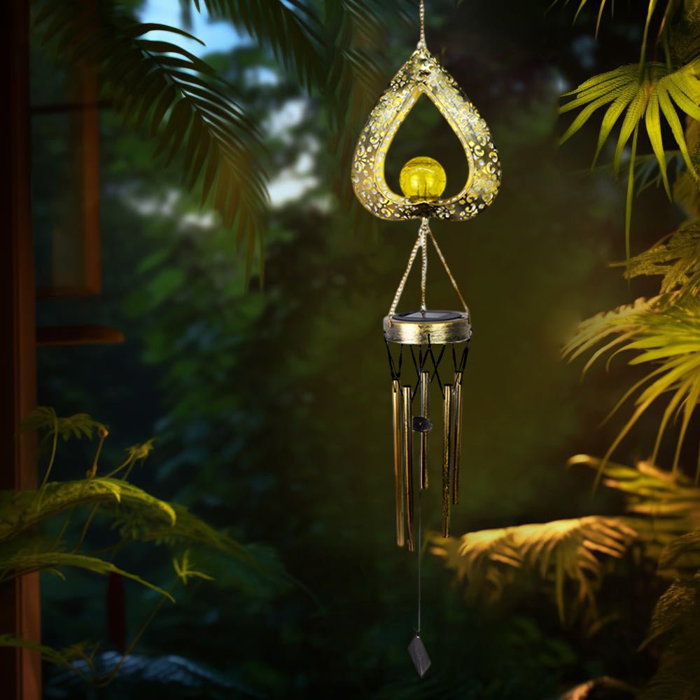 Iron Heart Wind Chime Hanging Solar Light — Crackled Glass, LED, IP65, Warm White 3000K