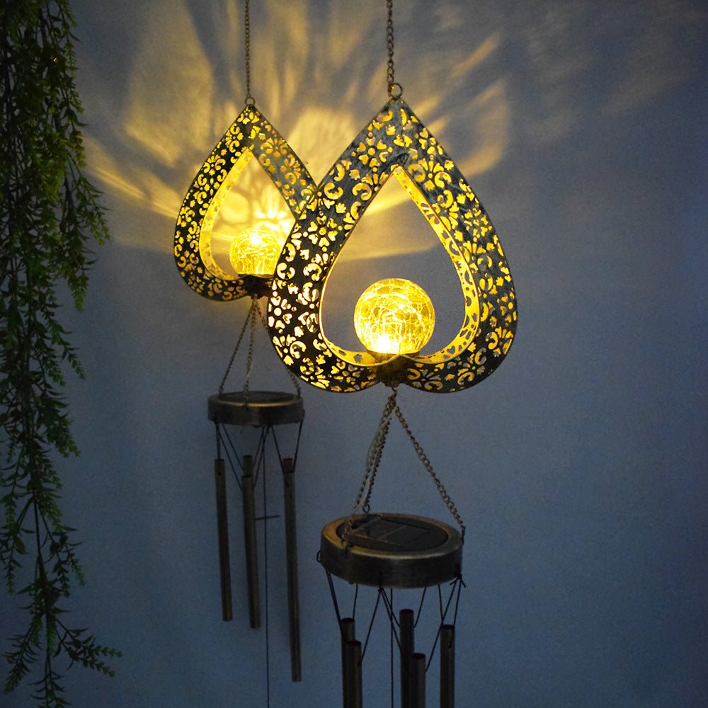 Iron Heart Wind Chime Hanging Solar Light — Crackled Glass, LED, IP65, Warm White 3000K