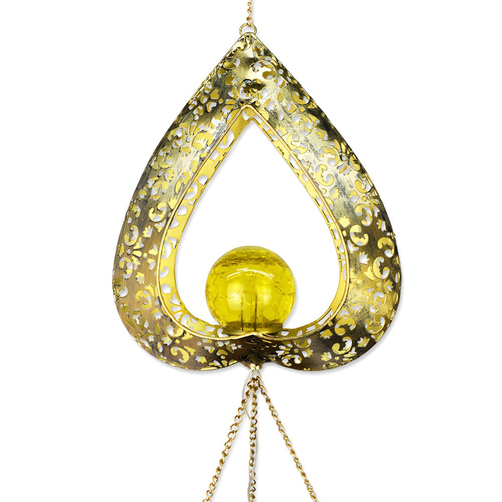 Iron Heart Wind Chime Hanging Solar Light — Crackled Glass, LED, IP65, Warm White 3000K